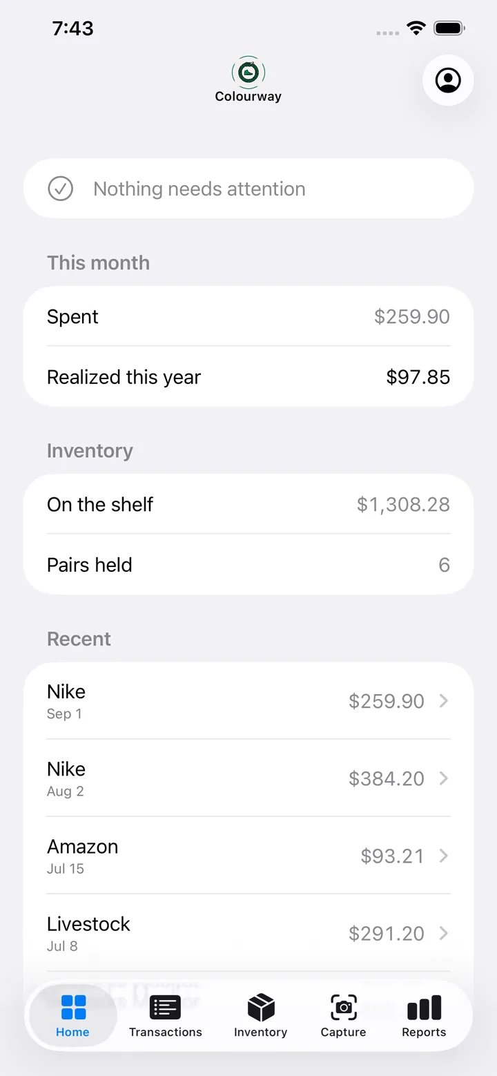 Colourway dashboard: what needs attention, month spend, and shelf value