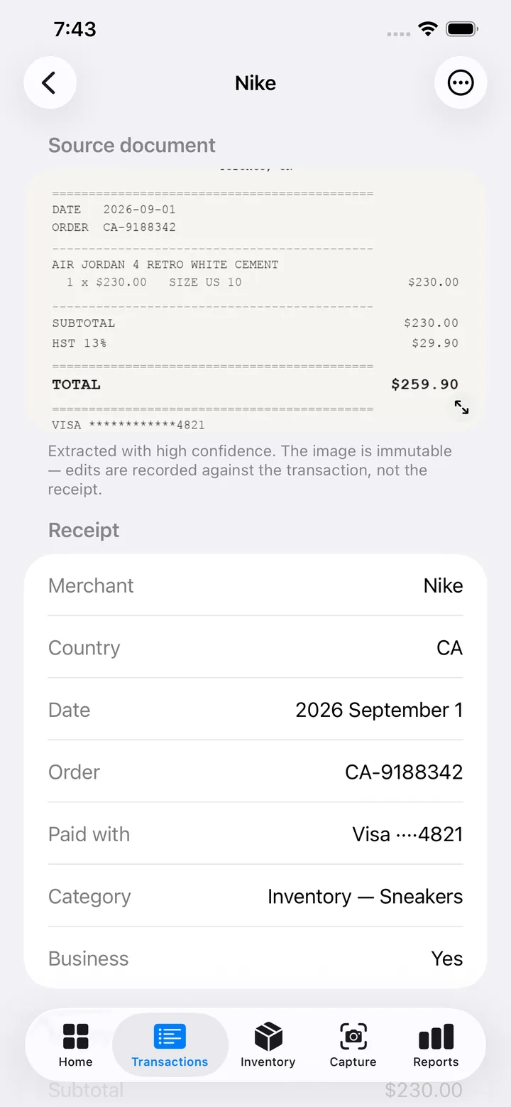 A receipt image beside the fields read from it