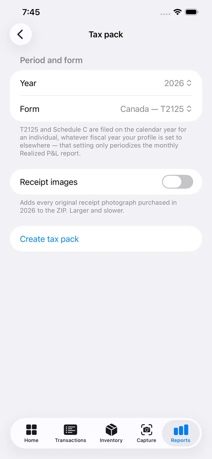 Tax pack: year and form picker for T2125 or Schedule C